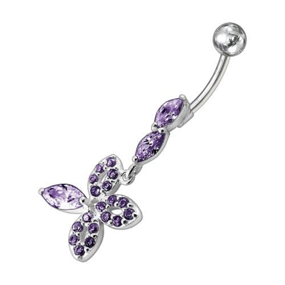 Fancy Silver Dangling Jeweled SS Curved Belly Ring