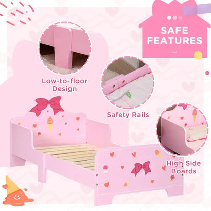 Princess Themed Kids Toddler Bed w/ Cute Patterns, Safety Rails - Pink