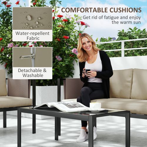 Outsunny 4 Piece Garden Sofa Set w/ Tempered Glass Coffee Table Khaki