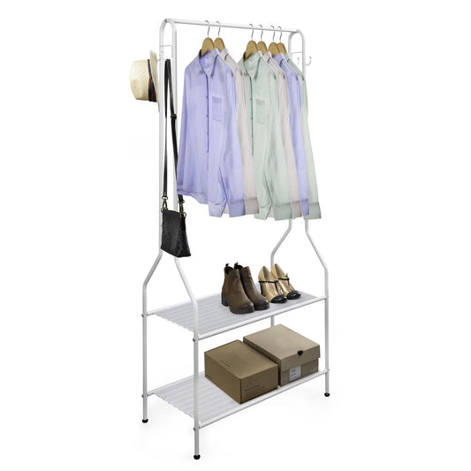 White Clothes Rail: Space Saving Storage with 2 Shelves, Hooks. Sturdy Steel Design, Elegant Style. Perfect for Any Room. 150cm