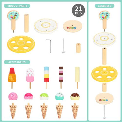 SOKA Wooden 21 Pieces Ice Cream Stand Popsicle Collection Pretend Role Play Set Game Colourful Variety Lolly Shop Food Stand Toy Set for Kids Children Girl Ages 3 year old +