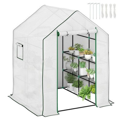 Outsunny Walk-in Greenhouse with 8 Shelves, Outdoor Small Greenhouse, White