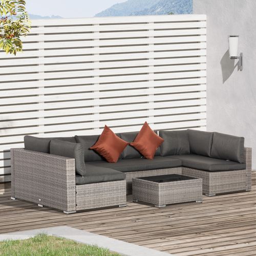 6-Seater Patio PE Rattan Sofa Set, w/ Tempered Glass Coffee Table Grey