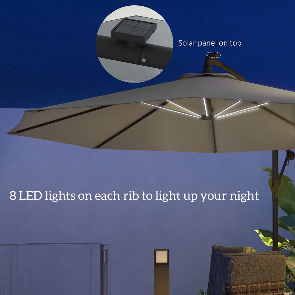 Outsunny 3(m) LED Patio Banana Umbrella Cantilever Parasol w/ Crank, Grey