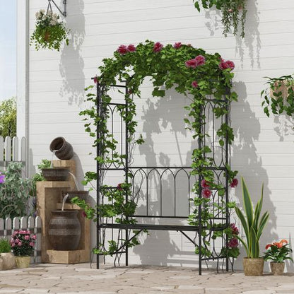 Outsunny Garden Metal Arch Bench Outdoor 2-Seater Chair, Patio Rose Trellis Arbour Pergola for Climbing Plant Vintage Classic Black 115L x 50W x 203H cm