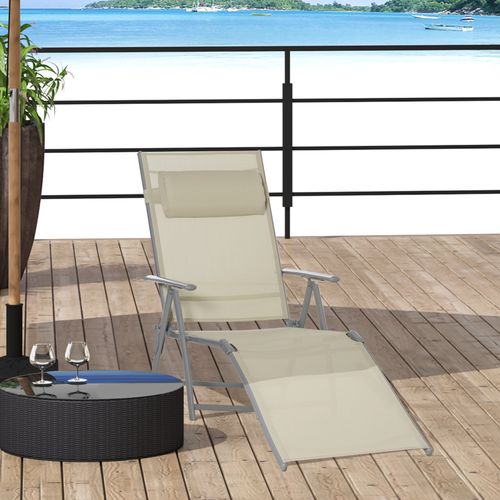 Sun Lounger Folding Chaise Chair Recliner & 7 Adjustable Backrest - Beige