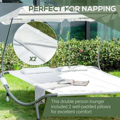Double Hammock Sun Lounger Bed Canopy Shelter Wheels 2 Pillows Cream White
