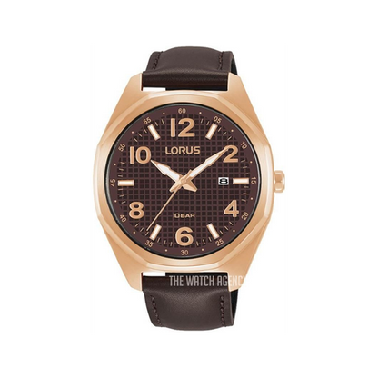 Lorus Mens Brown Dial Quartz Dated Dial Rose Gold Case Brown Leather Strap Watch RH972NX9 BRAND NEW BUT NEEDS BATTERY