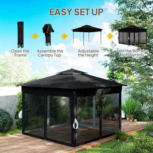 Outsunny 3x3(m) Pop Up Gazebo w/ Solar-Powered LED Lights Netting Black