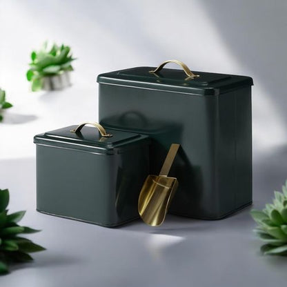 12/9"SET2 CAST IRON STORAGE TIN WITH SCOOP