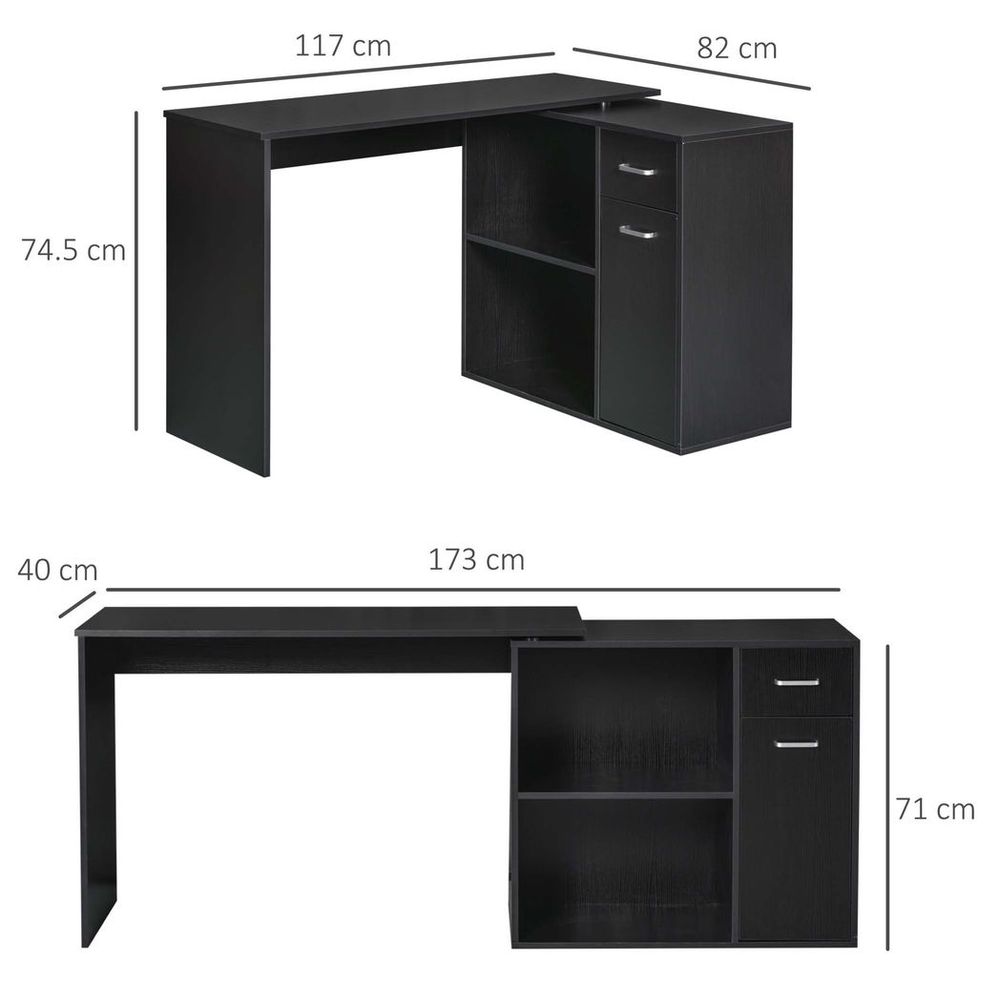 HOMCOM L-Shaped Desk, Corner Computer Desk, Adjustable Study Table with Storage Shelf, Drawer and Cabinet, Workstation for Home Office, Black Wood Grain