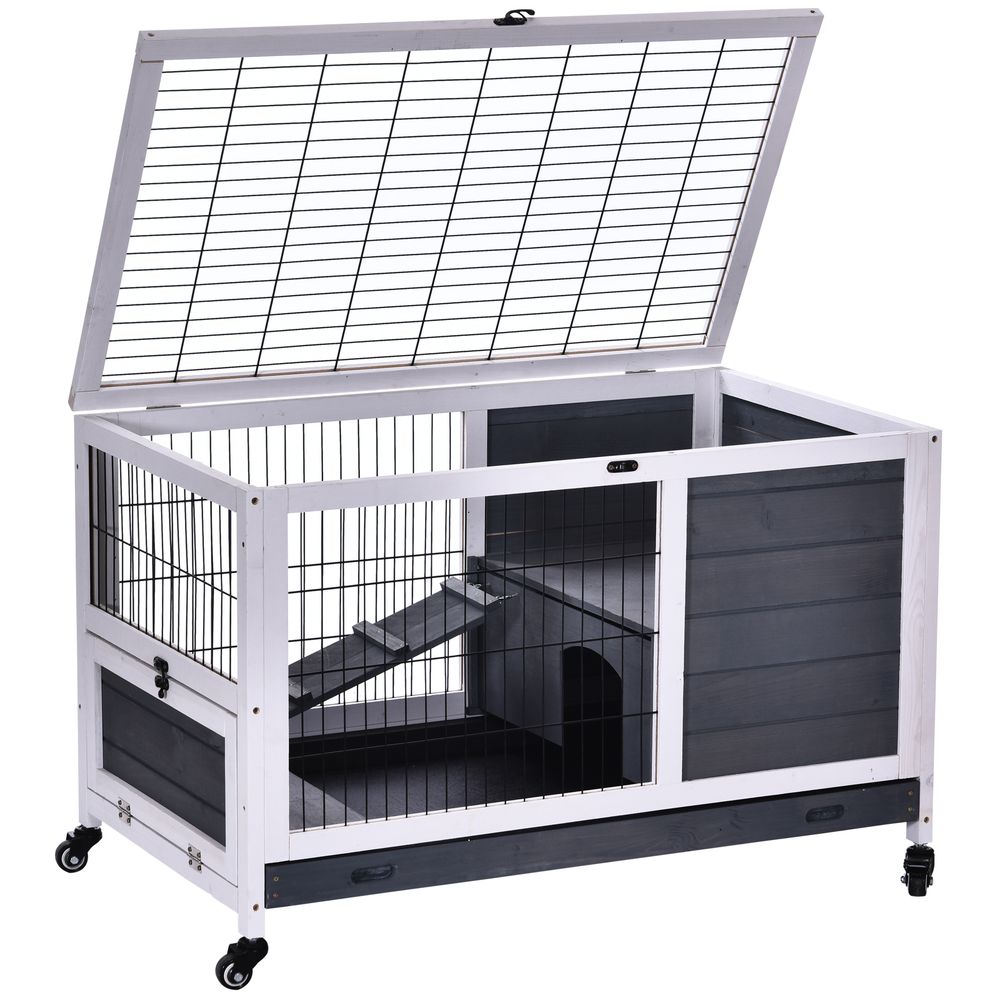 PawHut Wooden Rabbit Hutch Guinea Pigs House Bunny Small Animal Cage Openable Roof Portable Indoor Enclosed Run 90 x 53 x 59 cm White
