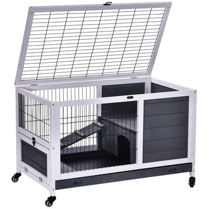 PawHut Wooden Rabbit Hutch Guinea Pigs House Bunny Small Animal Cage Openable Roof Portable Indoor Enclosed Run 90 x 53 x 59 cm White
