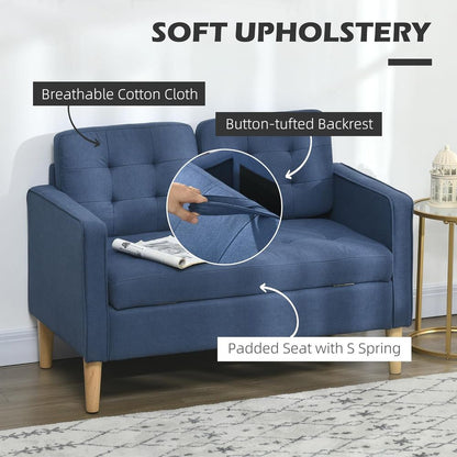 HOMCOM Compact Loveseat Sofa 2 Seater Sofa with Storage and Wood Legs Blue