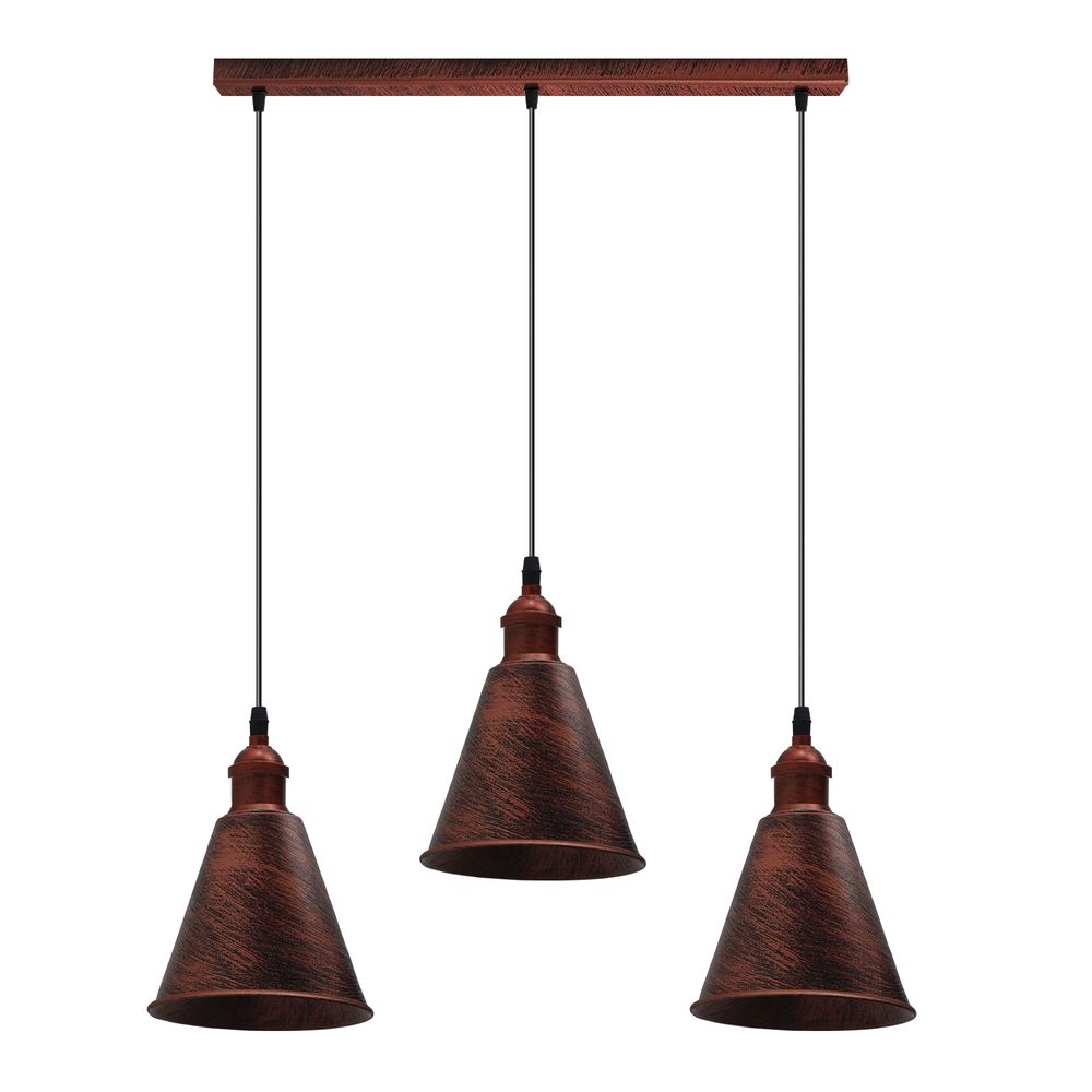 Rustic Red 3 Head Pendant Light | Metal Brushed | E27 Base | Vintage Retro Style | Long Cone Shade | High Quality