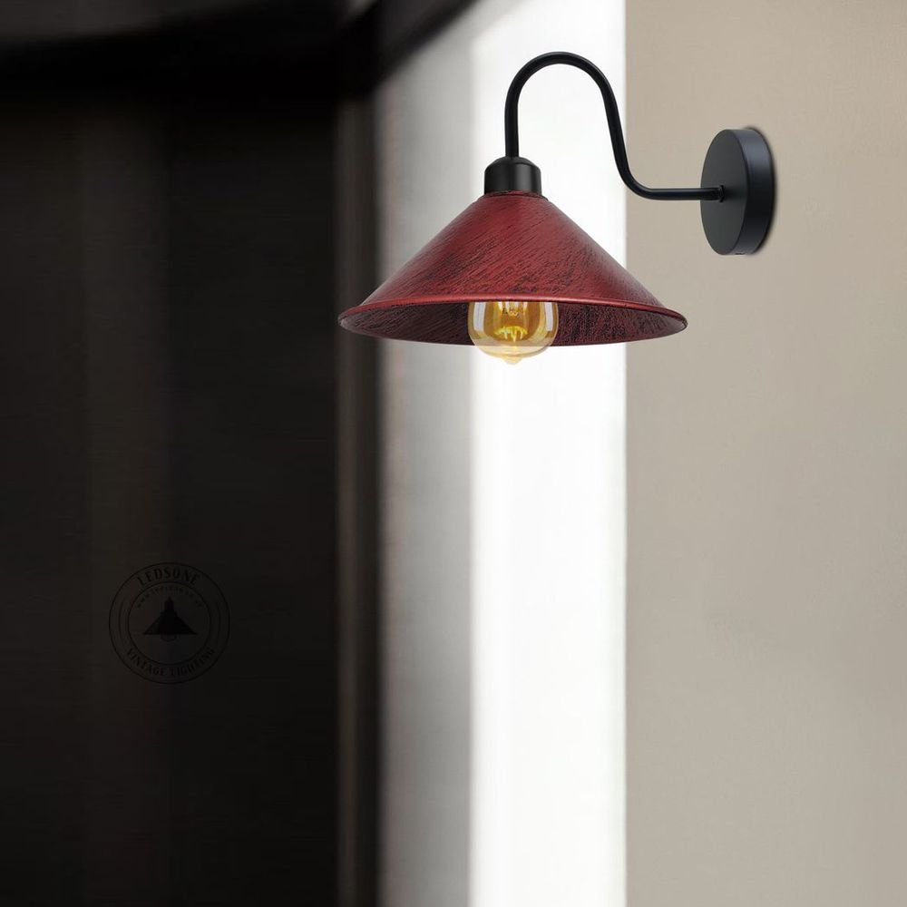 Rustic Red Wall Light Fixture,Black Wall Sconce E27 Base Socket Screw Type Wall Mounted Swan Neck Cone Shape Shade