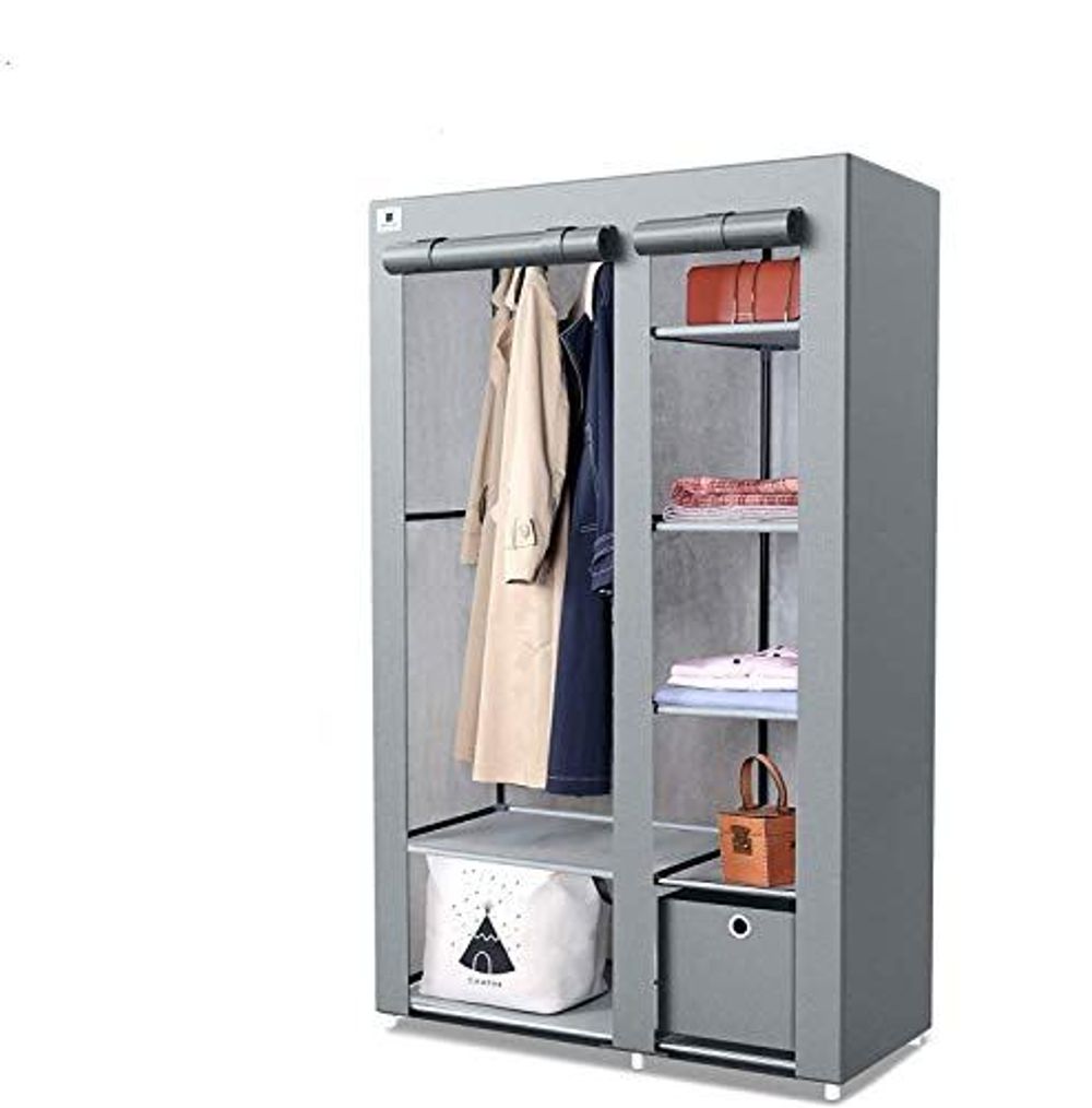 Portable Knight Double Canvas Wardrobe Shelving Clothes Storage - Hanging Rail & Drawer Included - L110cm x W45cm x H175cm - Grey
