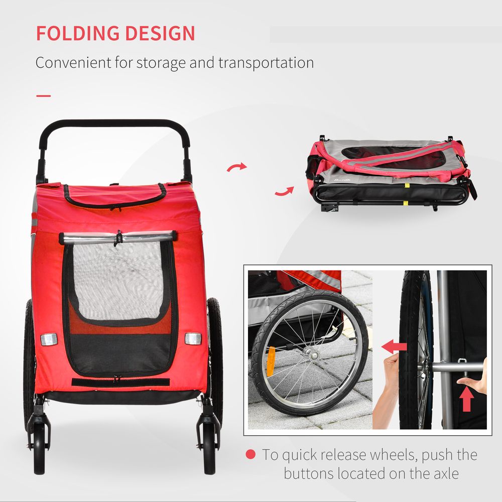 PawHut Dog Bike Trailer 2-in-1 Pet Stroller Cart Bicycle Carrier Attachment for Travel in steel frame with Wheels Hitch Coupler Reflectors Flag Red