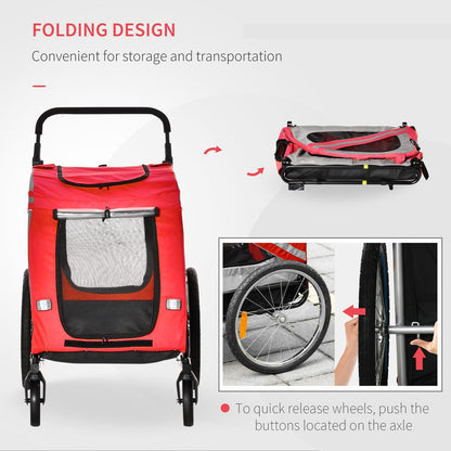 PawHut Dog Bike Trailer 2-in-1 Pet Stroller Cart Bicycle Carrier Attachment for Travel in steel frame with Wheels Hitch Coupler Reflectors Flag Red