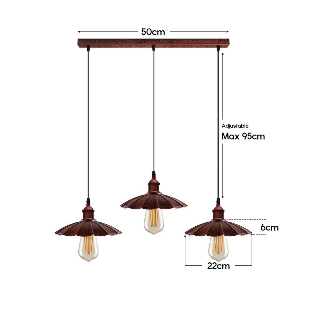 Vintage Industrial Rustic Red 3 Head Pendant - Metal Brushed Light Fitting - Umbrella Shape Lamp Shade - High Quality