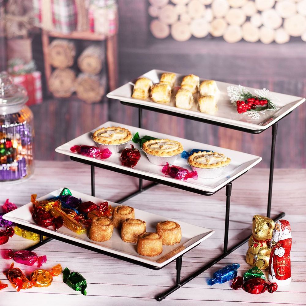 3 Tier Serving Set Platters | Maison & White | Sturdy Stand | Ceramic Plates | Ideal for Parties | High-Quality