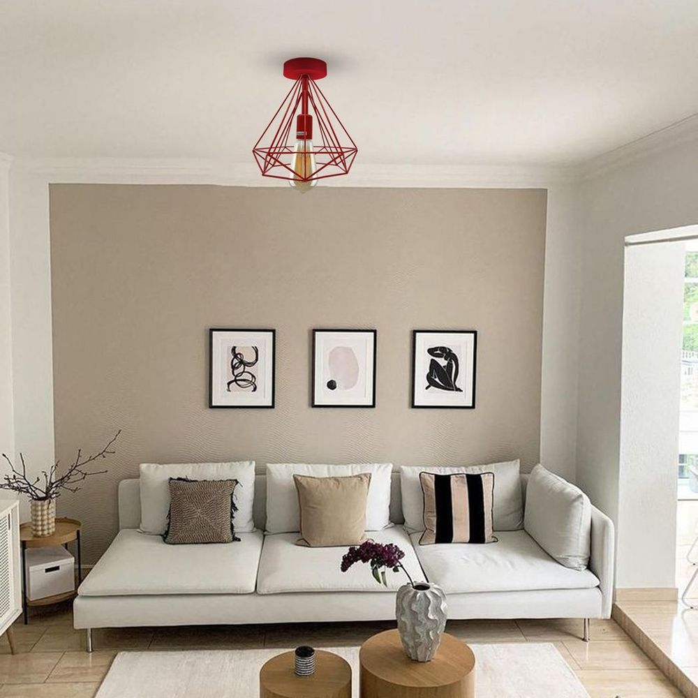 Vintage Red Metal Cage Semi Flush Mount Ceiling Light - High-Quality E27 Holder - Elegant and Stylish