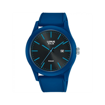 Lorus Mens Sports Solar Black Dated Dial Watch - Blue Rubber Strap RH305AX9