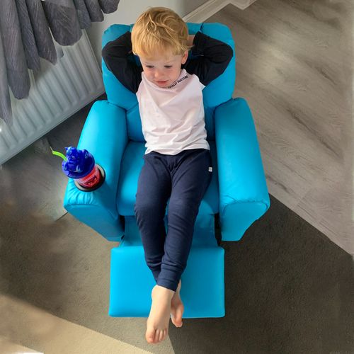 HOMCOM Kids Recliner, PU Leather Kids Armchair, Kids Chair, Toddler Armchair with Adjustable Backrest, Footrest, Padded Headrest, Cup Holder, Blue