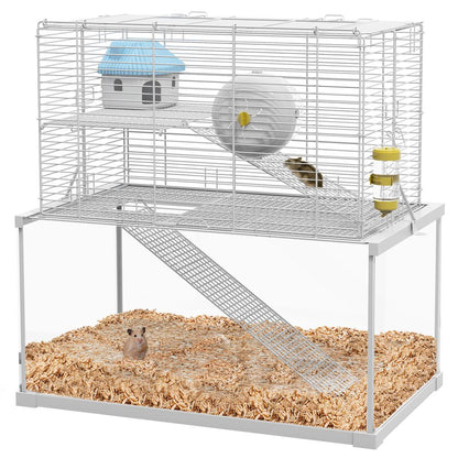 PawHut 3 Tiers Hamster Cage w/ Ramps Platforms Hut Exercise Wheel Water Bottle