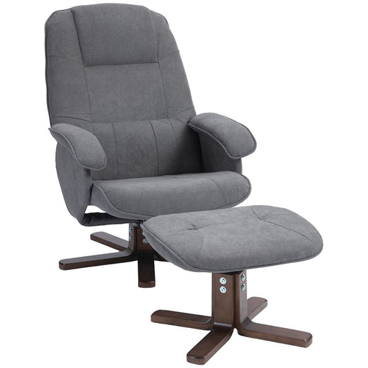 HOMCOM Swivel Recliner Chair and Footstool Linen-touch Fabric Wooden Base, Grey