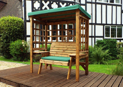 Wentworth Two Seat Arbour Green - Handcrafted, Waterproof Roof, Side Tables, Made in Britain, FSC Wood