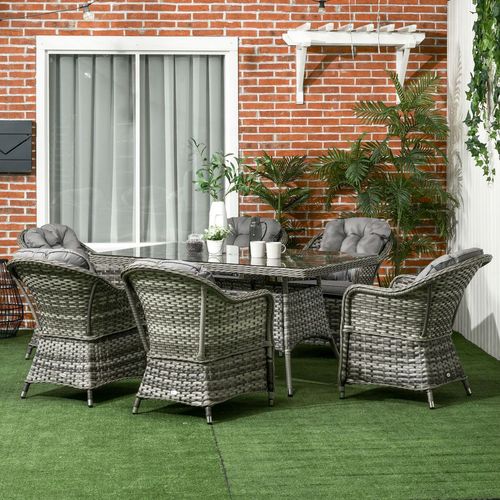 Outsunny 7 Pieces Rattan Dining Sets w/ Tempered Glass Umbrella Hole Table