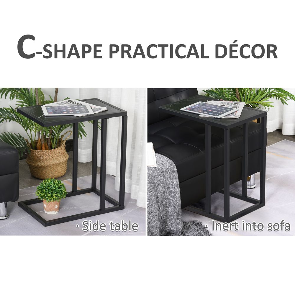 HOMCOM C Shape End Table w/Metal Frame Marble-Effect Top Sofa Side Table Narrow Snack Coffee Table for Living Room, Grey Marble Effect