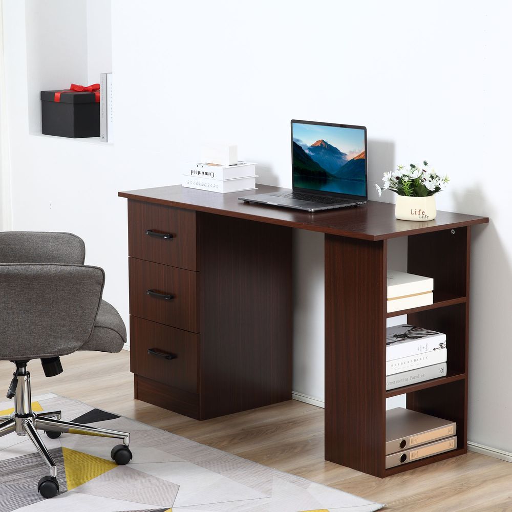 HOMCOM Computer Desk, Writing Table, PC Workstation with 3 Storage Shelves and Drawers, Black Handle, for Home Office, Walnut Brown