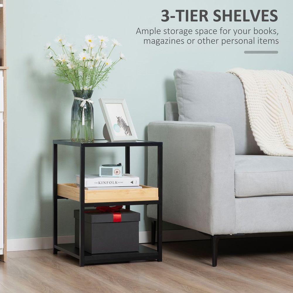 HOMCOM Industrial Side Table with 3-tier Storage Shelves for Living Room