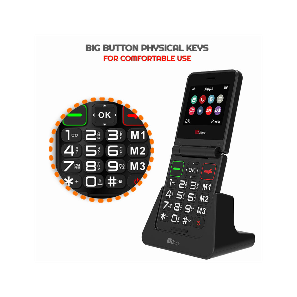 TTfone TT660 Flip Big Button Mobile - Vodafone Pay As You Go SIM, USB C Mains Charger