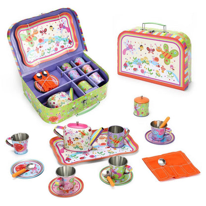 SOKA Bug Tin Tea Set - 18pc Kids Toy Tea Party Set with Colorful Illustrations - Includes Matching Car