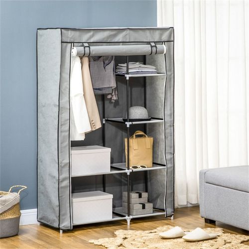 Fabric Wardrobe Hanging rail and Six shelves Clothes Storage Light Grey 103W x 43D x 162.5H cm