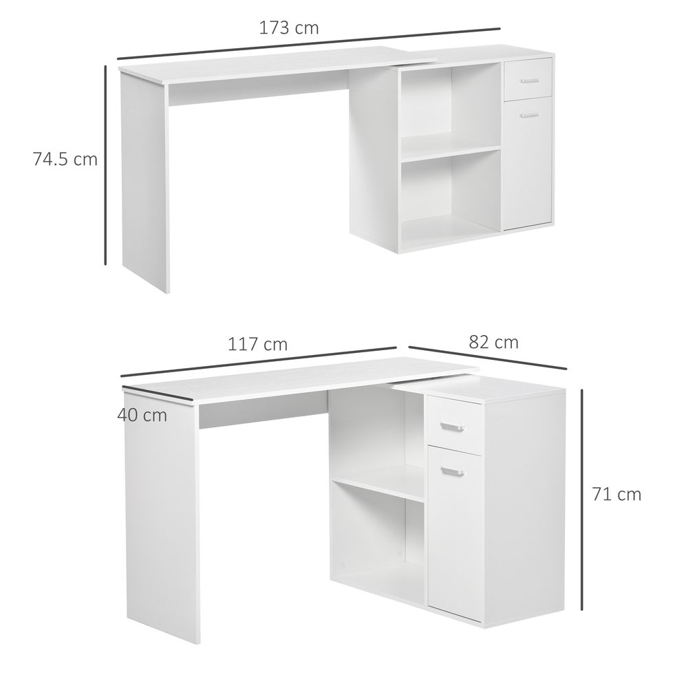 HOMCOM L-Shaped Desk, Corner Computer Desk, Adjustable Study Table with Storage Shelf, Drawer and Cabinet, Workstation for Home Office, White Wood Grain