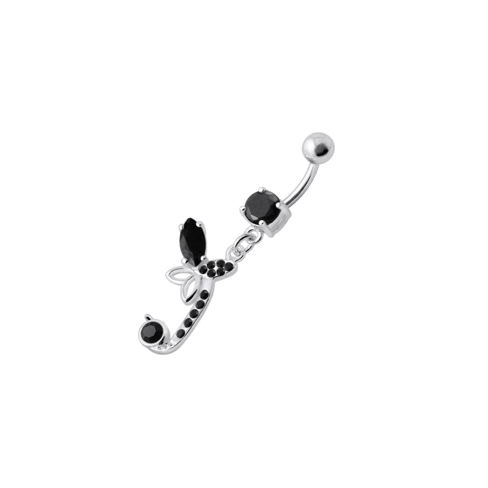 Sterling Silver Fancy Butterfly Jeweled Dangling Curved Bar Belly Ring