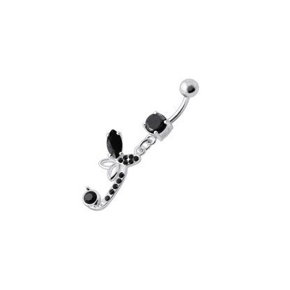Sterling Silver Fancy Butterfly Jeweled Dangling Curved Bar Belly Ring