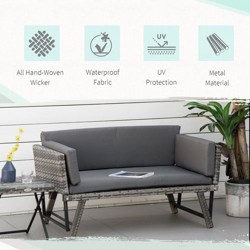 2 in 1 Rattan Folding Daybed Sofa Grey w/Cushion