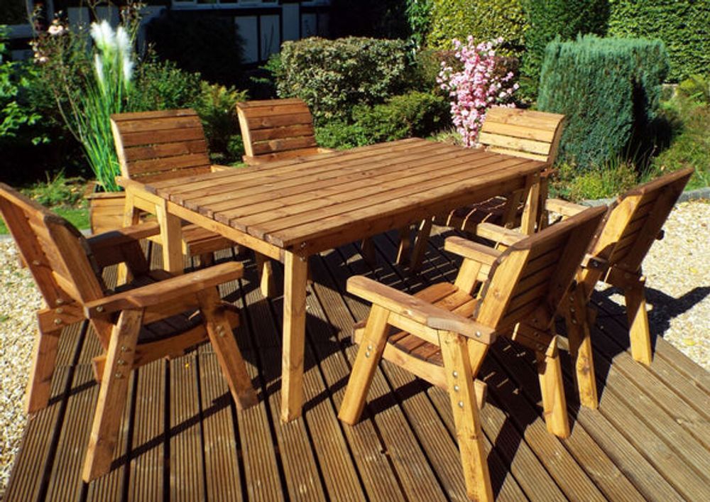 Premium Six Seater Outdoor Dining Set - Solid Wood, 10 Year Guarantee, Sustainable, Includes Table, Chairs, and Benches