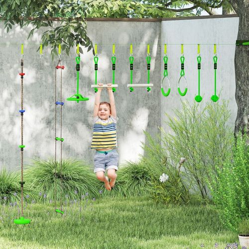 AIYAPLAY Obstacle Course for Kids with 10PCs Slackline Kit, Green