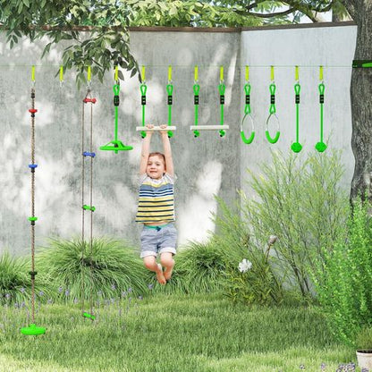 AIYAPLAY Obstacle Course for Kids with 10PCs Slackline Kit, Green