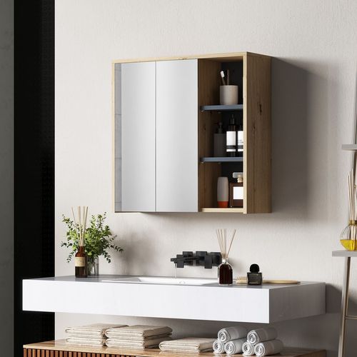 HOMCOM Bathroom Cabinet Wall Mounted Mirror Storage with Shelves Natural