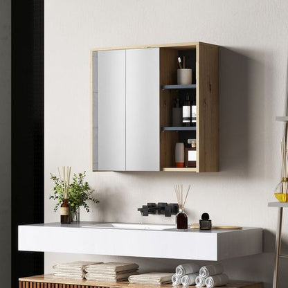 HOMCOM Bathroom Cabinet Wall Mounted Mirror Storage with Shelves Natural