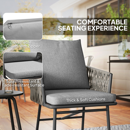 Outsunny Rattan Bistro Set, Balcony Table and Chairs with 4 Cushions, Grey