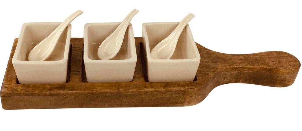Handcrafted Wooden Tray Set: Dip Bowls & Spoons, Rustic Design - 36cm