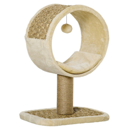 PawHut Small Cat Tree for Indoor Cats w/ Scratching Post, Tunnel, Toy - Beige